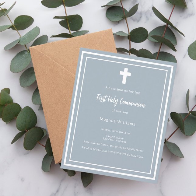 Dusty blue boy First Holy Communion invitation (Creator Uploaded)