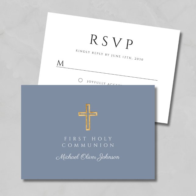 Dusty Blue Boy Religious Cross First Communion RSVP Card (Dusty Blue Boy Religious Cross First Communion RSVP Card)