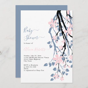 Dusty blue branch, pink flowers baby shower invitation