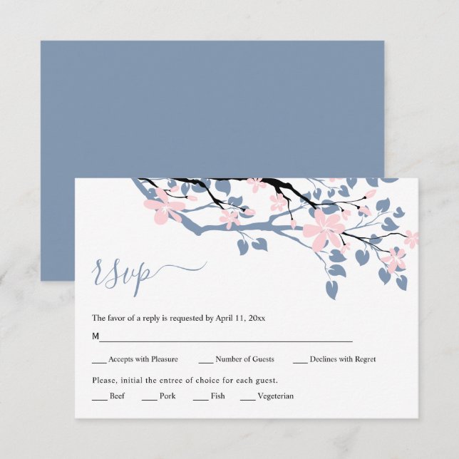 Dusty blue branch with blush pink flowers wedding RSVP card (Front/Back)