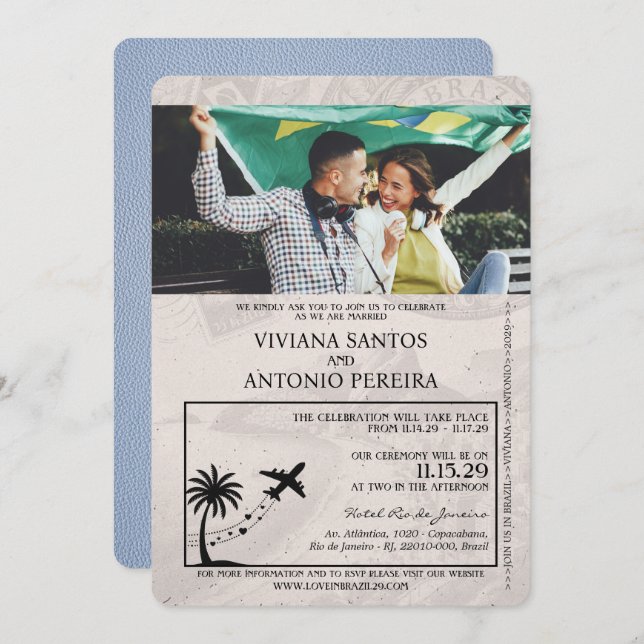 Dusty Blue Brazil Passport Wedding Invitation (Front/Back)