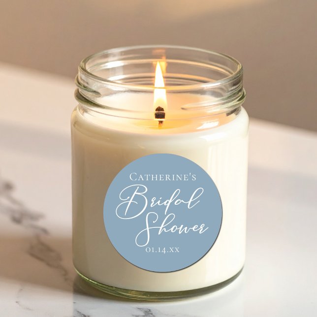 Dusty Blue Bridal Shower Personalised White Script Classic Round Sticker (Creator Uploaded)