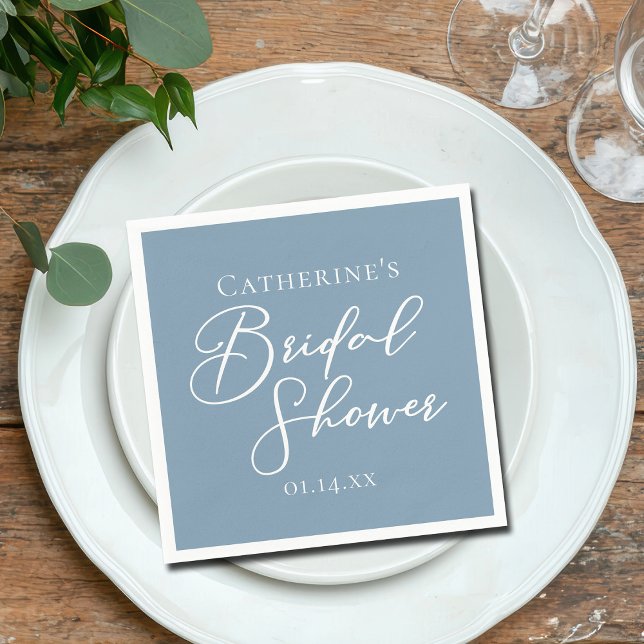 Dusty Blue Bridal Shower Personalised White Script Napkin (Creator Uploaded)