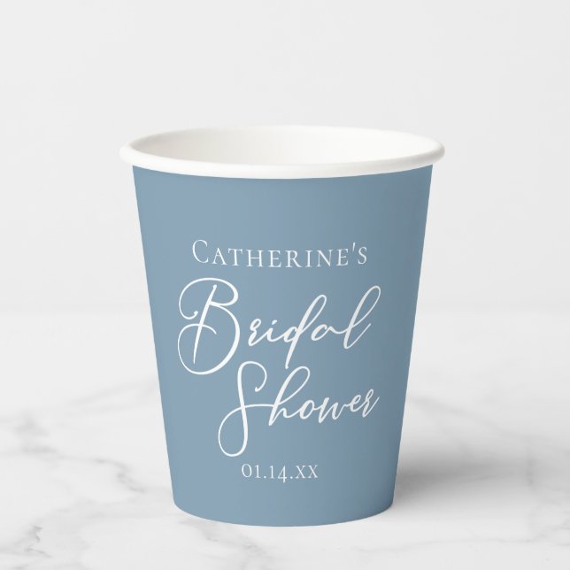 Dusty Blue Bridal Shower Personalised White Script Paper Cups (Front)