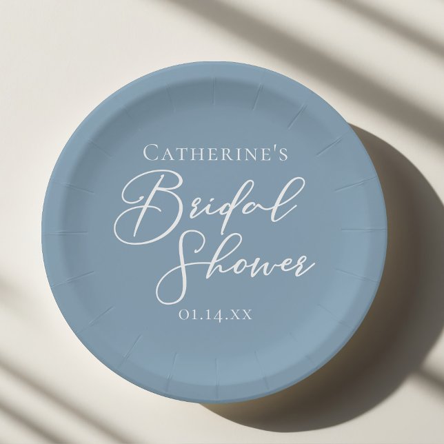 Dusty Blue Bridal Shower Personalised White Script Paper Plate (Creator Uploaded)