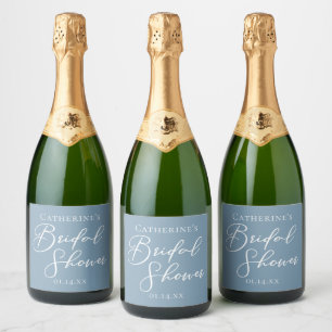 Dusty Blue Bridal Shower Personalised White Script Sparkling Wine Label