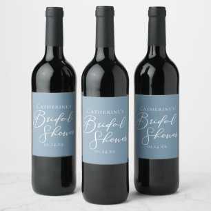 Dusty Blue Bridal Shower Personalised White Script Wine Label