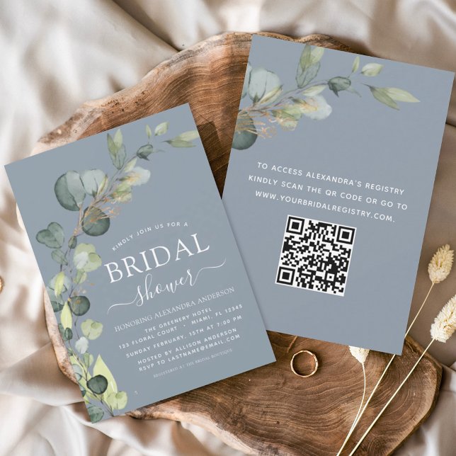 Dusty Blue Bridal Shower QR Code Eucalyptus Invitation (Creator Uploaded)