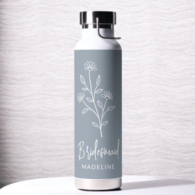 Dusty Blue Bridesmaid Name Floral Bachelorette Water Bottle (Creator Uploaded)