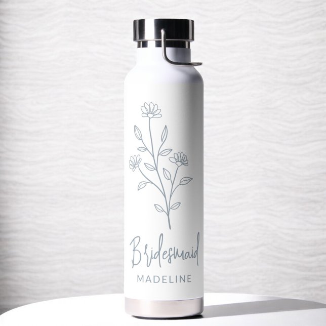 Dusty Blue Bridesmaid Name Floral Bachelorette Water Bottle (Creator Uploaded)
