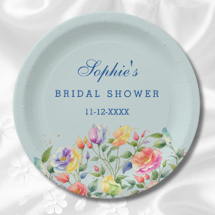 Dusty Blue Bright Floral Pink Roses Bridal Shower Paper Plate