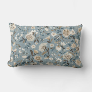 Dusty Blue Brown Cream Cottage Floral Lumbar Cushion