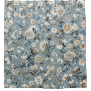 Dusty Blue Brown Cream Cottage Floral Shower Curtain