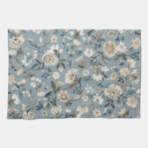 Dusty Blue Brown Cream Cottage Floral Tea Towel