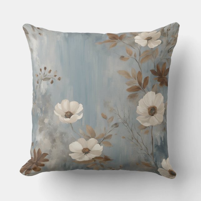 Dusty Blue Brown Grey Modern Farmhouse Floral Cushion (Front)