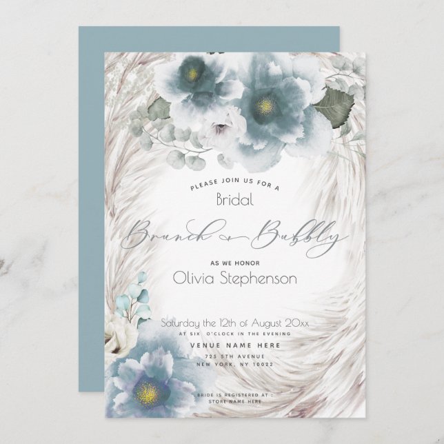 Dusty Blue Brunch Bubbly Bridal Shower  Invitation (Front/Back)
