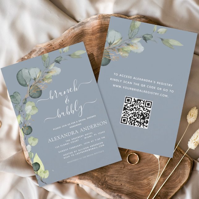 Dusty Blue Brunch & Bubbly QR Code Eucalyptus  Invitation (Creator Uploaded)