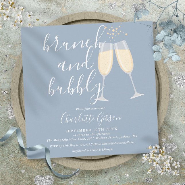 Dusty Blue Brunch Bubbly Script Bridal Shower Invitation (Dusty Blue Brunch Bubbly Script Bridal Shower Invitation)