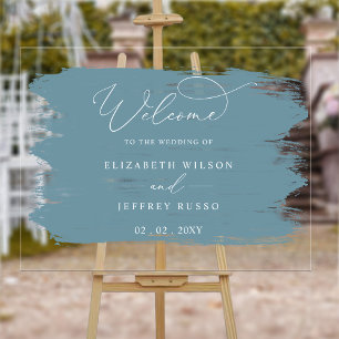 Dusty Blue Brush Strokes Wedding Welcome  Acrylic Sign