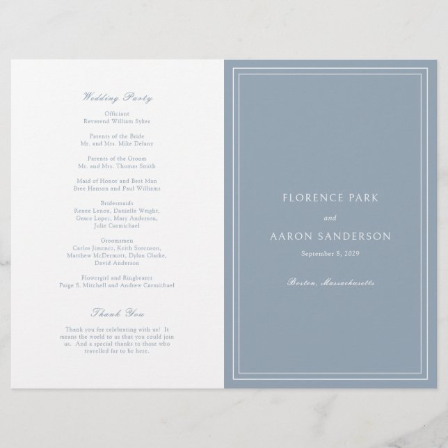 Dusty Blue Budget Catholic Wedding Program Flyer (Front)
