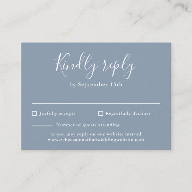 Dusty Blue Budget Modern Script Wedding RSVP Card (Front)