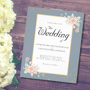 Dusty Blue Budget Wedding Invitation Pink Peony Flyer