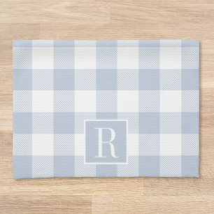 Dusty Blue Buffalo Check Monogram Tea Towel