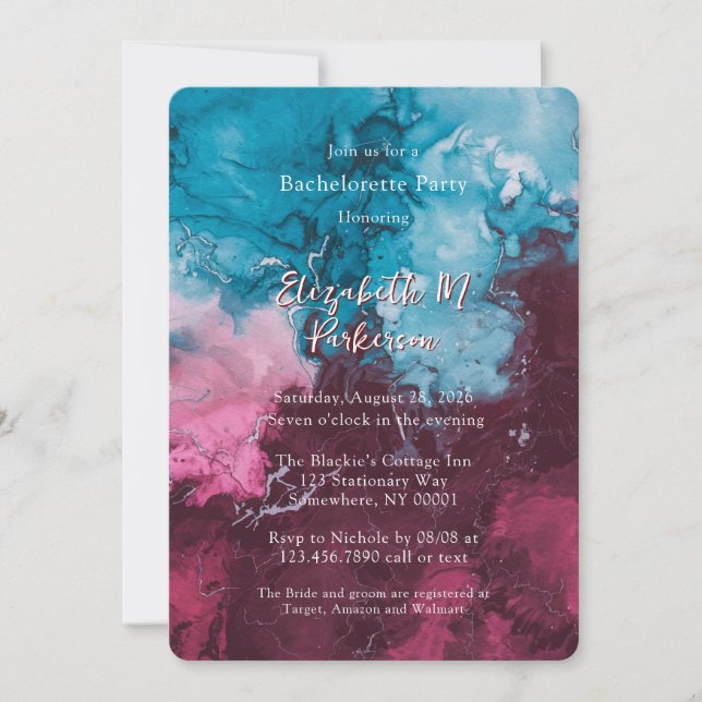 Dusty Blue Burgundy Alcohol Ink Bachelorette Party Invitation (Front)