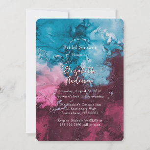 Dusty Blue Burgundy Alcohol Ink Bridal Shower Invitation