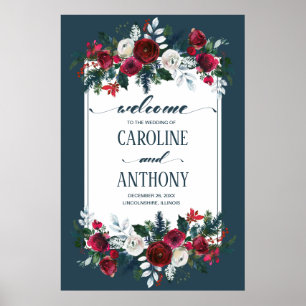 Dusty Blue Burgundy Bloom Wedding Welcome Sign