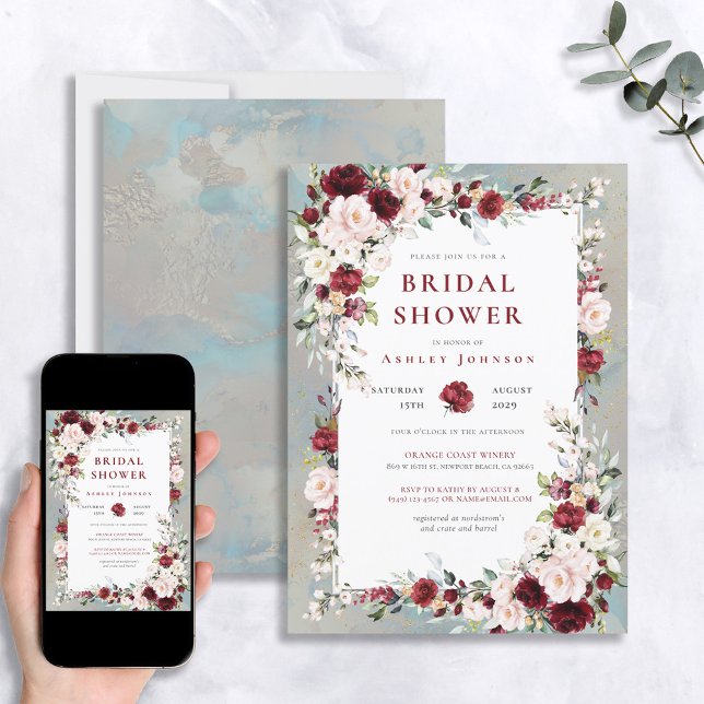 Dusty Blue Burgundy Blush Floral Bridal Shower Invitation (Creator Uploaded)