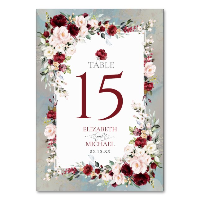 Dusty Blue Burgundy Blush Floral Elegant Wedding Table Number (Front)