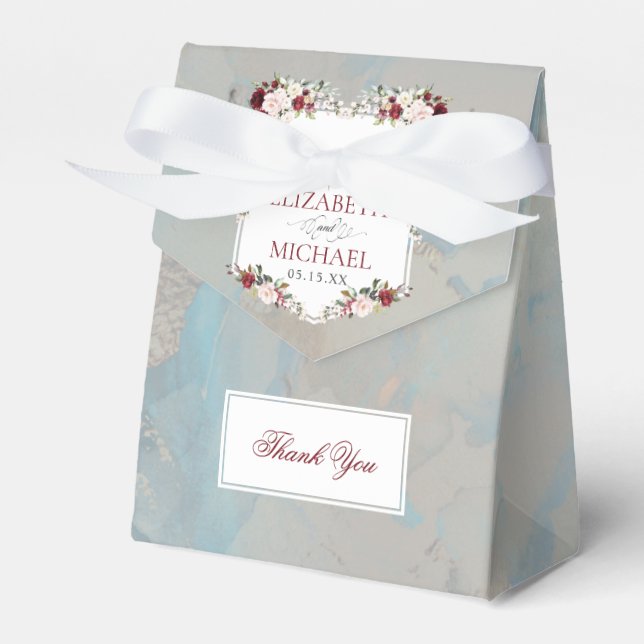 Dusty Blue Burgundy Blush Floral Favour Box (Front Side)