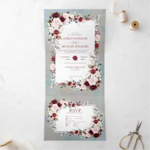 Dusty Blue Burgundy Blush Floral Photo Tri-Fold Invitation