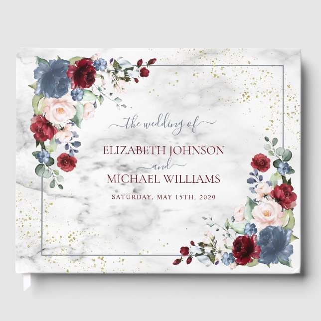 Dusty Blue Burgundy Blush Gold Floral Wedding Guest Book (Front)