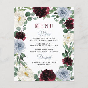 Dusty Blue Burgundy Boho Fall Wedding Menu Cards