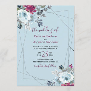 Dusty blue burgundy chic winter floral wedding invitation