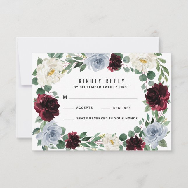 Dusty Blue Burgundy Cranberry Fall Wedding RSVP (Front)