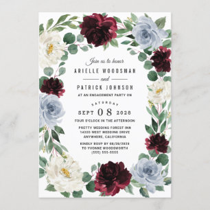 Dusty Blue Burgundy Elegant Fall Engagement Party Invitation