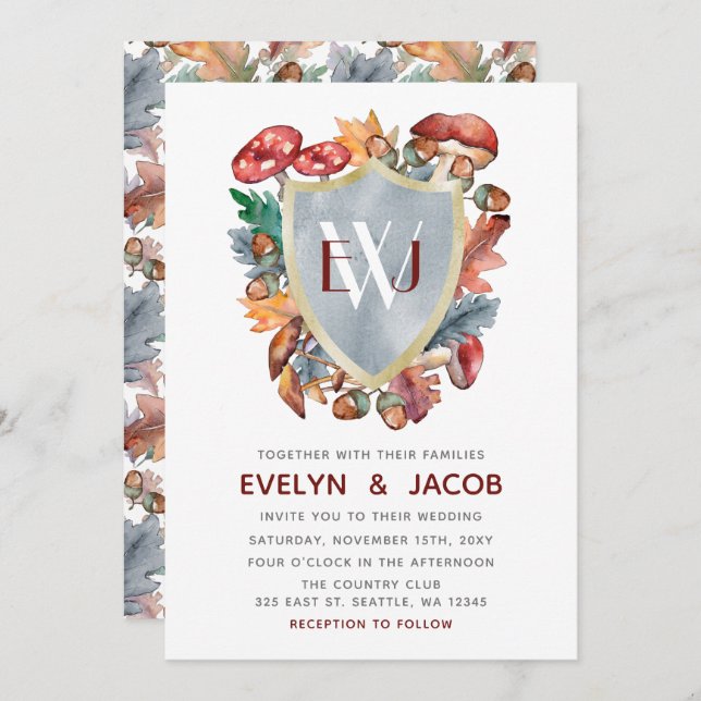 Dusty Blue Burgundy Fall Mushroom Wedding Invitation (Front/Back)
