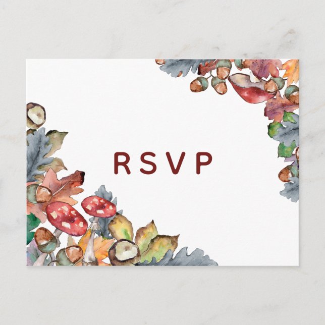 Dusty Blue Burgundy Fall Mushroom Wedding RSVP Invitation Postcard (Front)