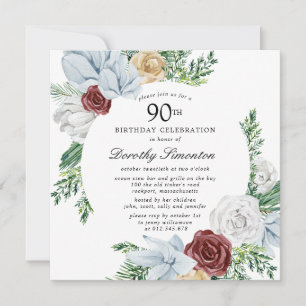 Dusty Blue Burgundy Floral 90th Birthday Party Invitation
