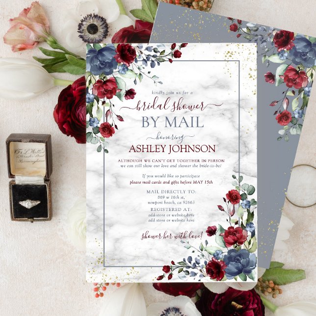 Dusty Blue Burgundy Floral Bridal Shower by Mail Invitation (Creator Uploaded)