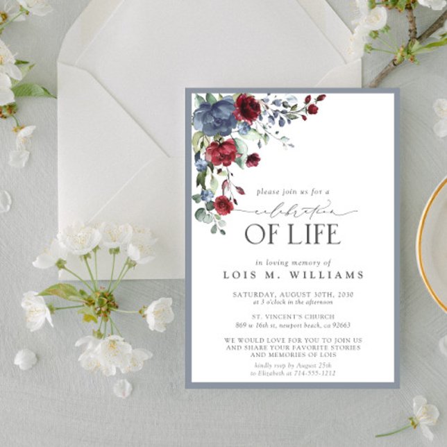 Dusty Blue Burgundy Floral Celebration of Life Invitation (Creator Uploaded)