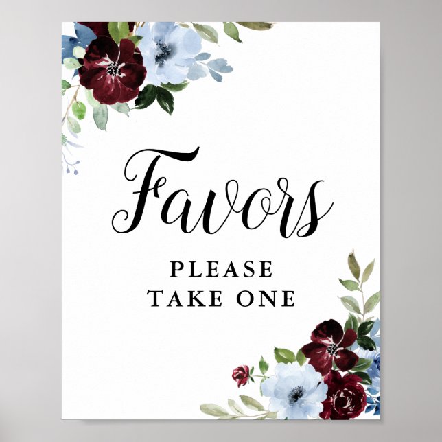 Dusty blue burgundy floral favours sign (Front)