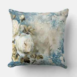 Dusty Blue Burgundy Floral Marble Name Monogram Cushion