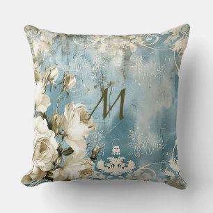 Dusty Blue Burgundy Floral Marble Name Monogram  Cushion