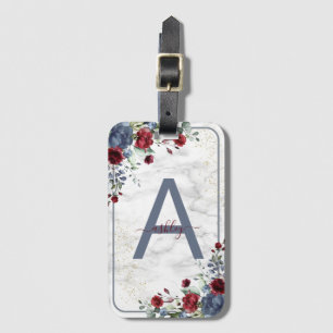 Dusty Blue Burgundy Floral Marble Name Monogram Luggage Tag
