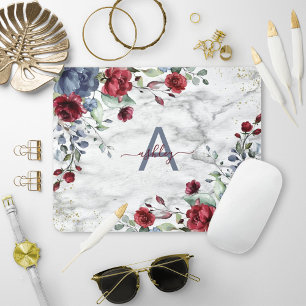 Dusty Blue Burgundy Floral Marble Name Monogram Mouse Pad