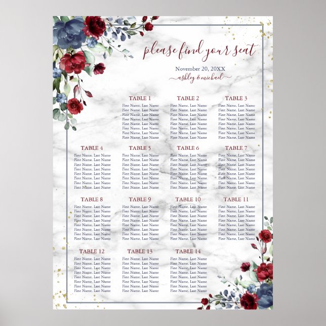 Dusty Blue Burgundy Floral Marble Wedding Seating Poster (Front)